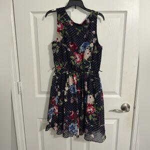 Mini black dress w pink & blue flowers and white dots